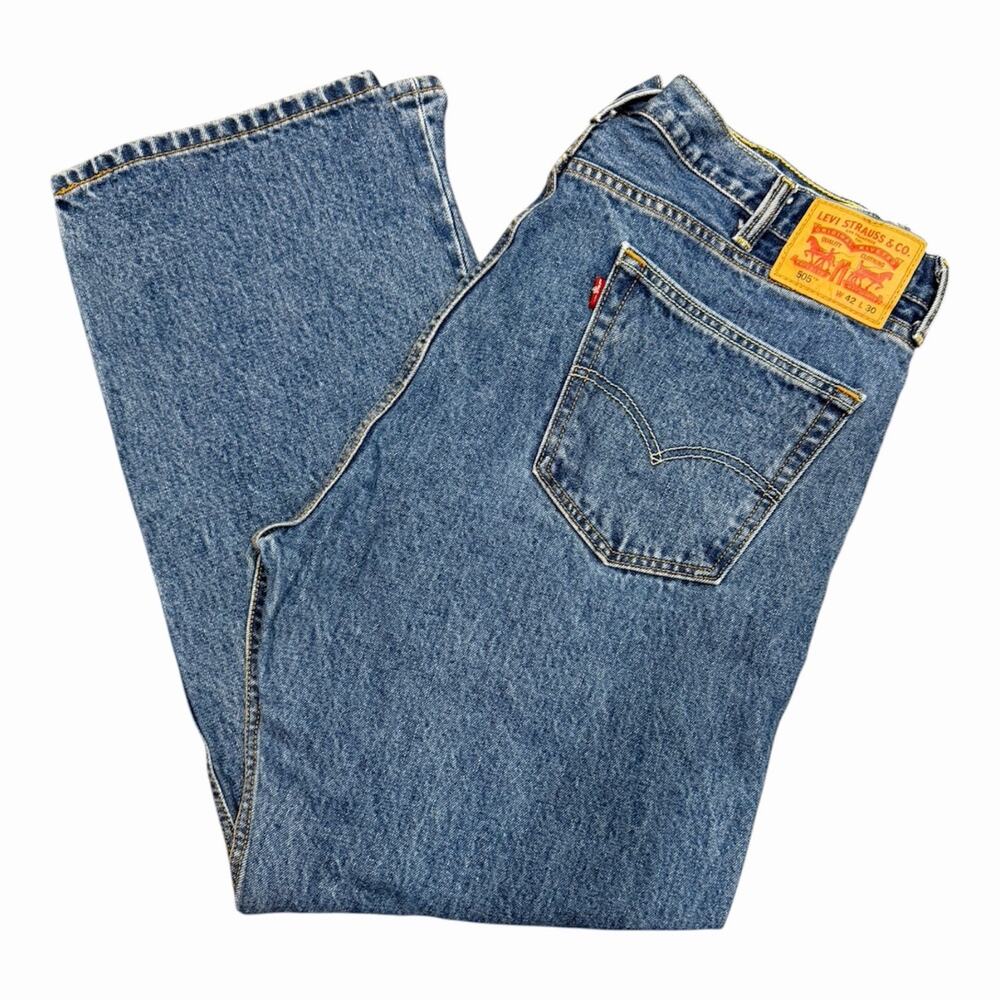 Levis 505 Jeans Regular Straight Med Wash Blue Denim Mid Rise Mens Size 42x30